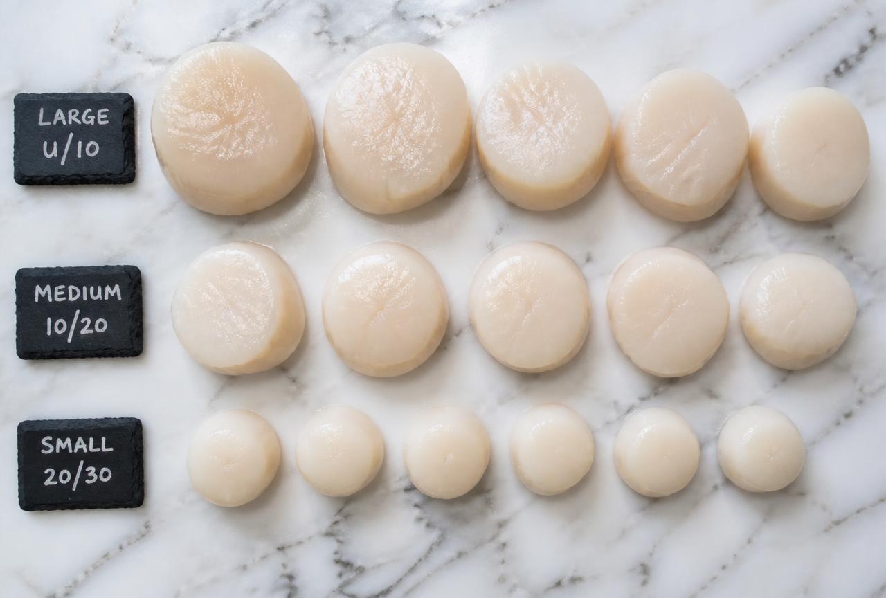 Scallops of three sizes laid out in rows on white marble with small chalkboard size labels
