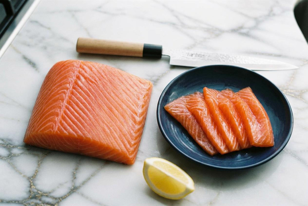 Fresh Atlantic salmon fillet and sliced sashimi on a navy plate with a sushi knife on a marble counter