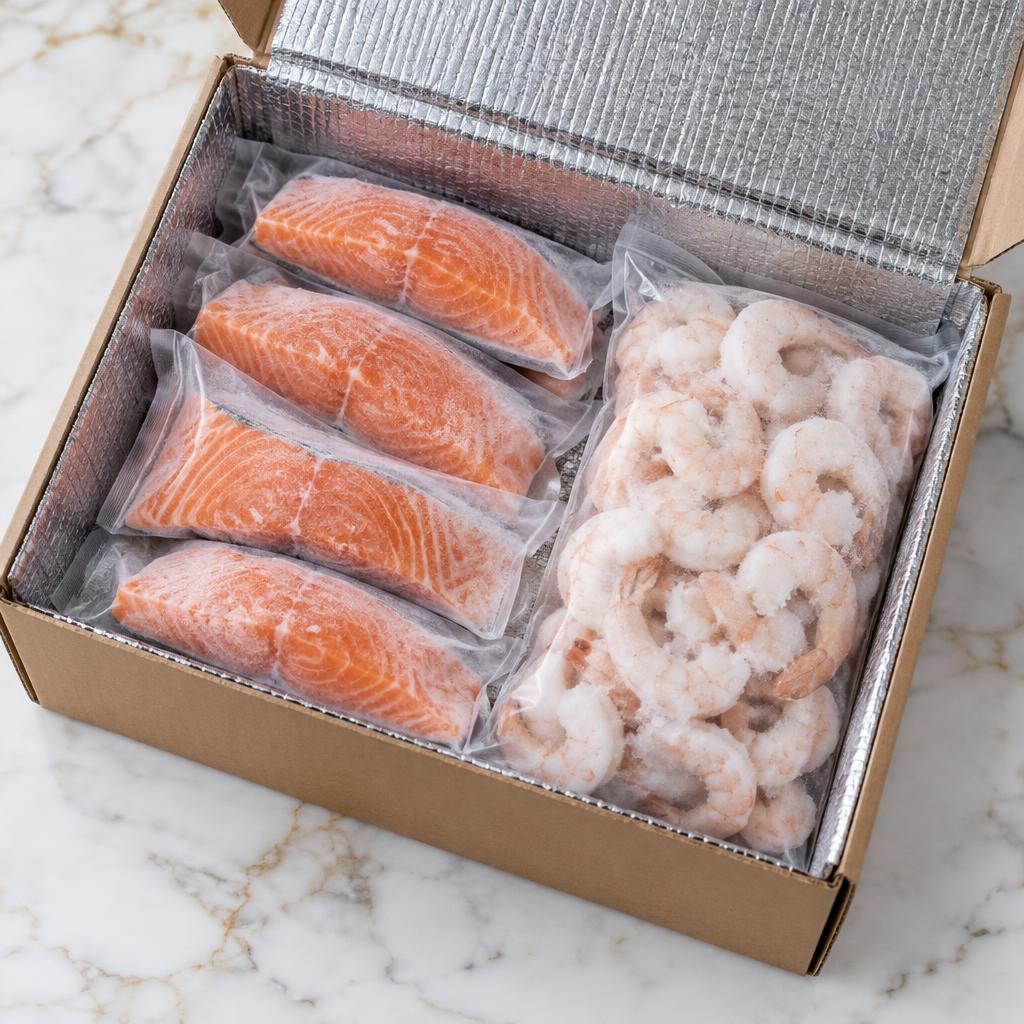 Packaged frozen salmon portions and a sealed bag of shrimp in a seafood box