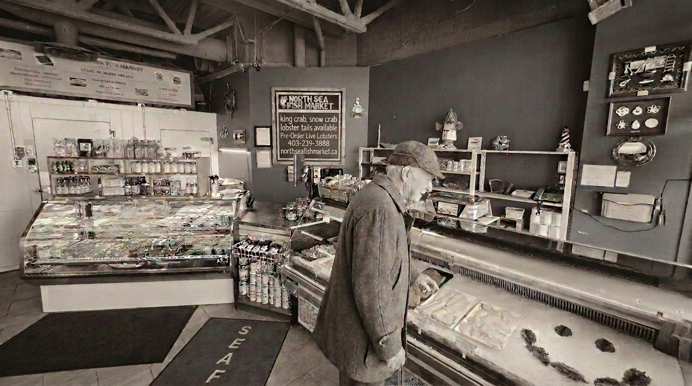 A senior customer choosing fresh fish inside North Sea Fish Market